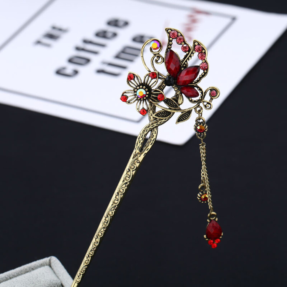 Creation-3C Red (Red) Chinese Hairpins For Cheongsam - Butterfly Hair Sticks