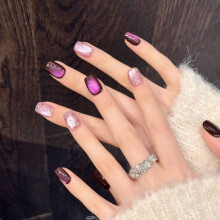 (3142-Short Square, XS) Purple Cat Eye Press On Nails - Medium Length