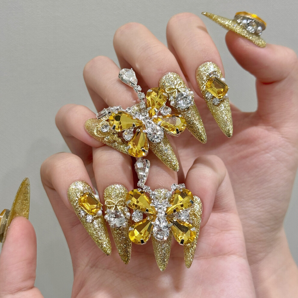 Creation-3C (Xs) 12Pcs Gold Glitter False Nails, Easy Apply