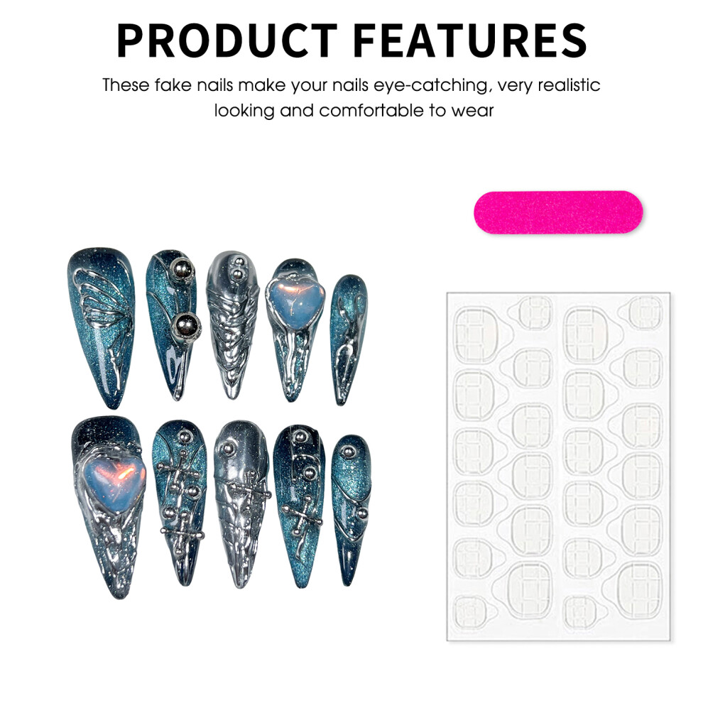 Dcph-Clothing (Xs) Glitter Blue Silver Fake Nails - Durable & Comfortable
