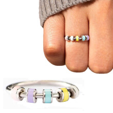 S925 Silver Fidget Ring for Women with Smooth Rotating Beads, Multicolor Enamel Anxiety Relief