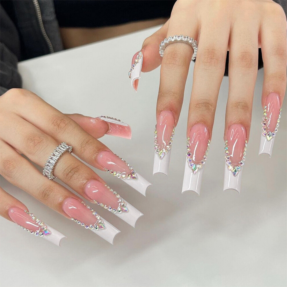 Dcph-Clothing French False Nails Rhinestone Square Tips 50Pcs