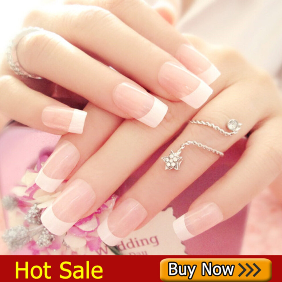 Hue-Grain 24Pcs French Long Fake Nails W/Glue