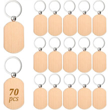 70 PCS Wooden Keychain Blanks, Wood Engraving Blanks Key Chain, Unfinished Rectangle Round Wood Key Tag