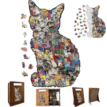 Cat Shaped Wooden Jigsaw Puzzle 194 Pieces Morandi Color Irregular Design Dual Function Piggy Bank