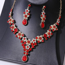 (KC gold and white diamonds red diamonds) Bridesmaid Rhinestone Necklace & Earrings Set