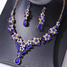 (KC gold and white diamond blue diamond) Bridesmaid Rhinestone Necklace & Earrings Set
