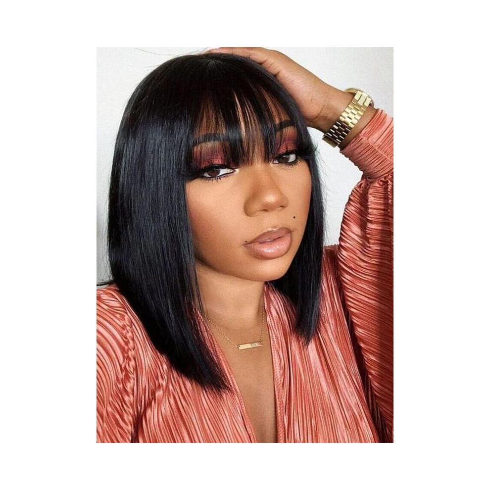 Unisex Black (, One-Size) Glueless Straight Bob Wig With Bangs, Synthetic Balayage Highlight Wig, Short Bob Wig For Women