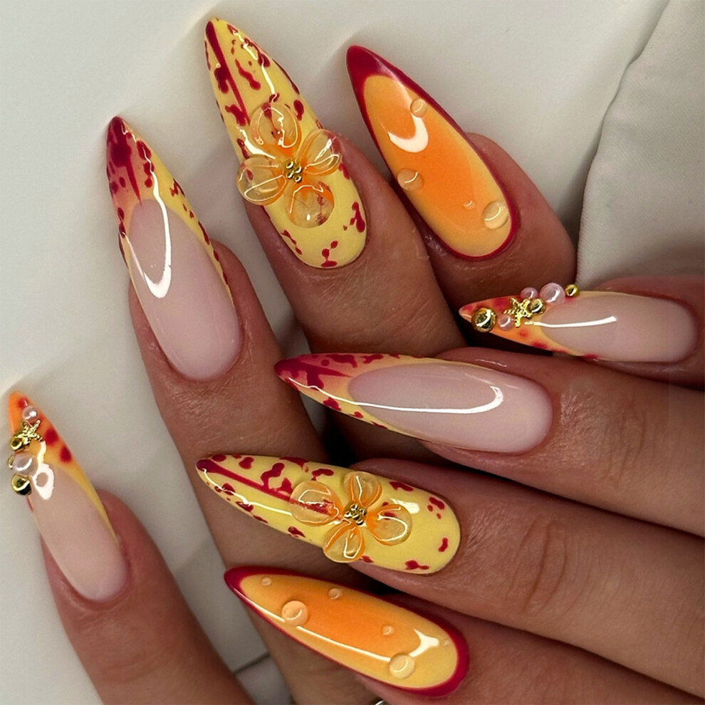 Creation-3C 3D Floral Press On Nails With Rhinestones - 24Pcs