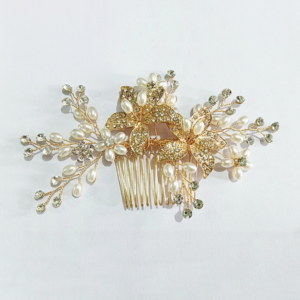 Roc-Electron (Gold) Pearl Hair Comb With Rhinestones - Stage Wear