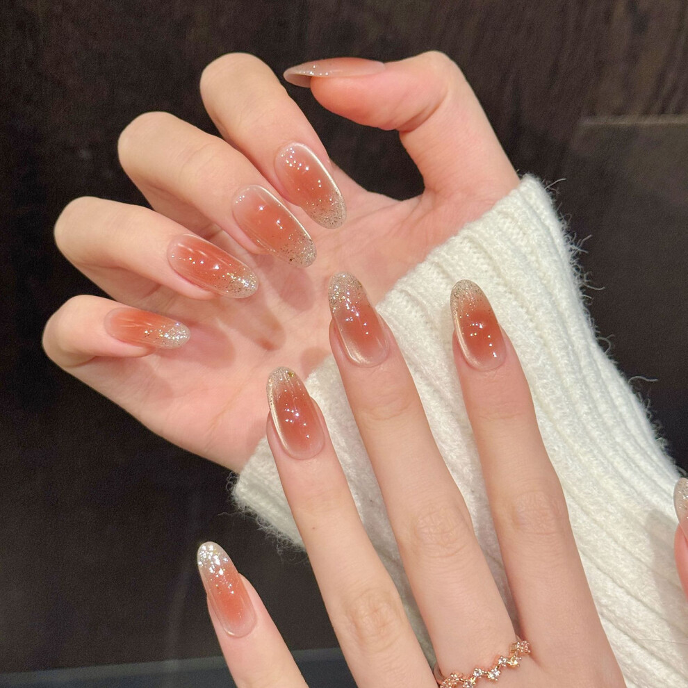 Roc-Electron (M) 10Pcs Pink Gold Glitter Fake Nails For Party Wedding