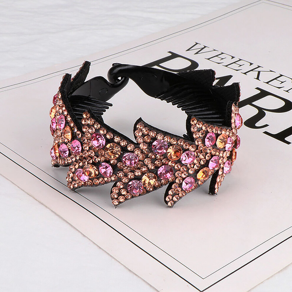 Phui-Pet-Supplies (Champagne Powder) Rhinestone Hair Bun Holder Claw Clip Hairband
