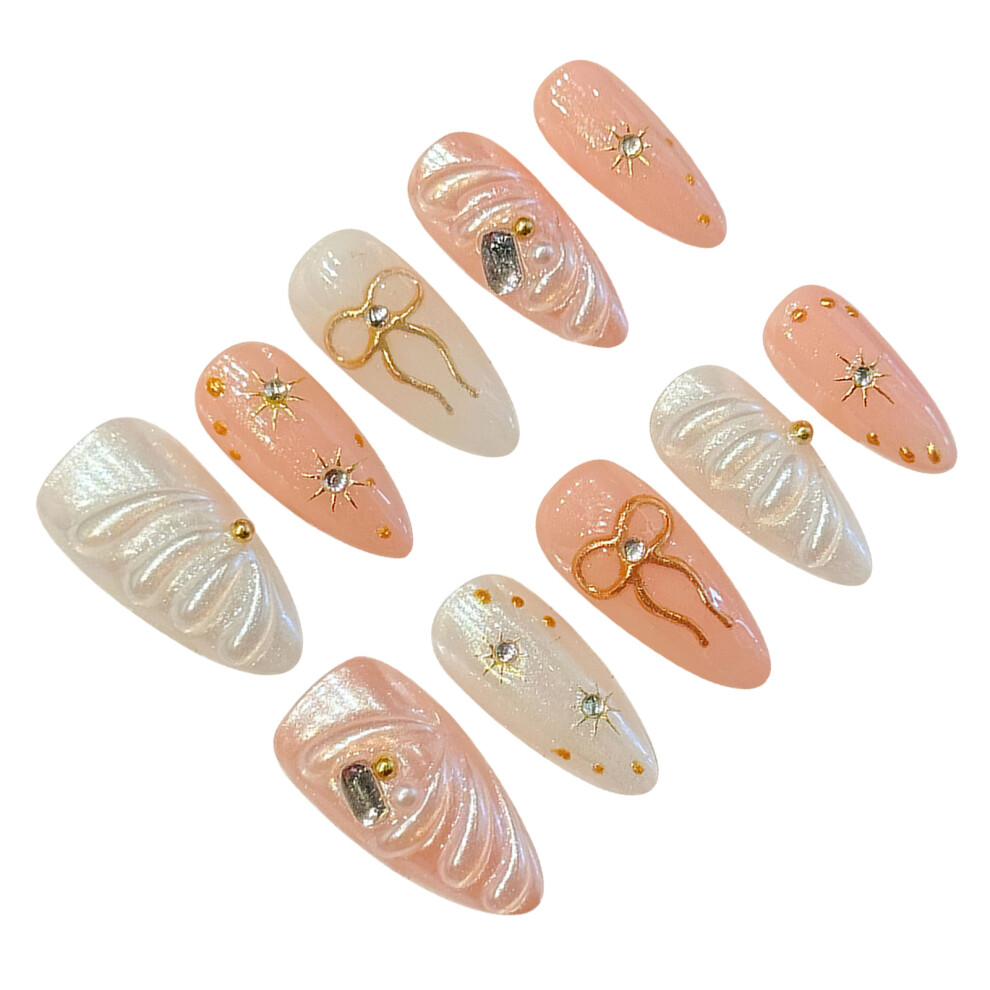 Reach-Tools Pink,Gold (M) 10Pcs Pink Gold Bowknot Fake Nails With Rhinestones