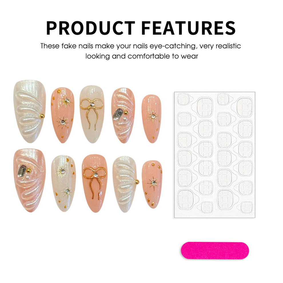 Reach-Tools (L) 10Pcs Pink Gold Bowknot Fake Nails With Rhinestones