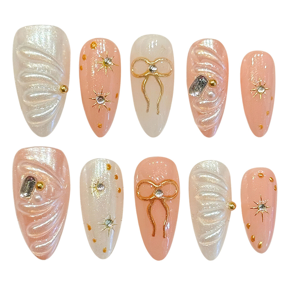 Reach-Tools (Xs) 10Pcs Pink Gold Bowknot Fake Nails With Rhinestones