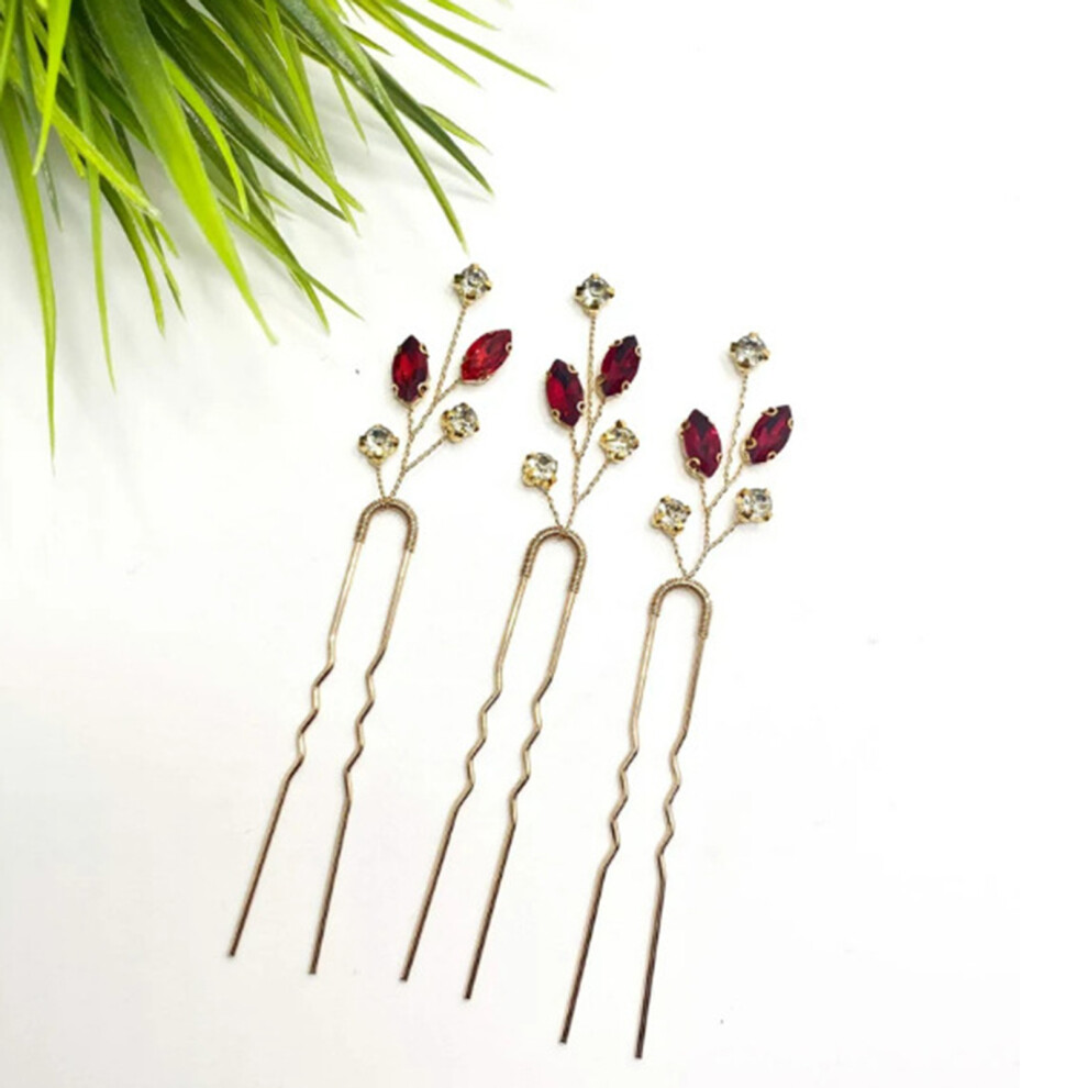 Roc-Electron (Gold Thread Red Diamond) Retro Hair Forks Set With Blue Crystals For Cheongsam