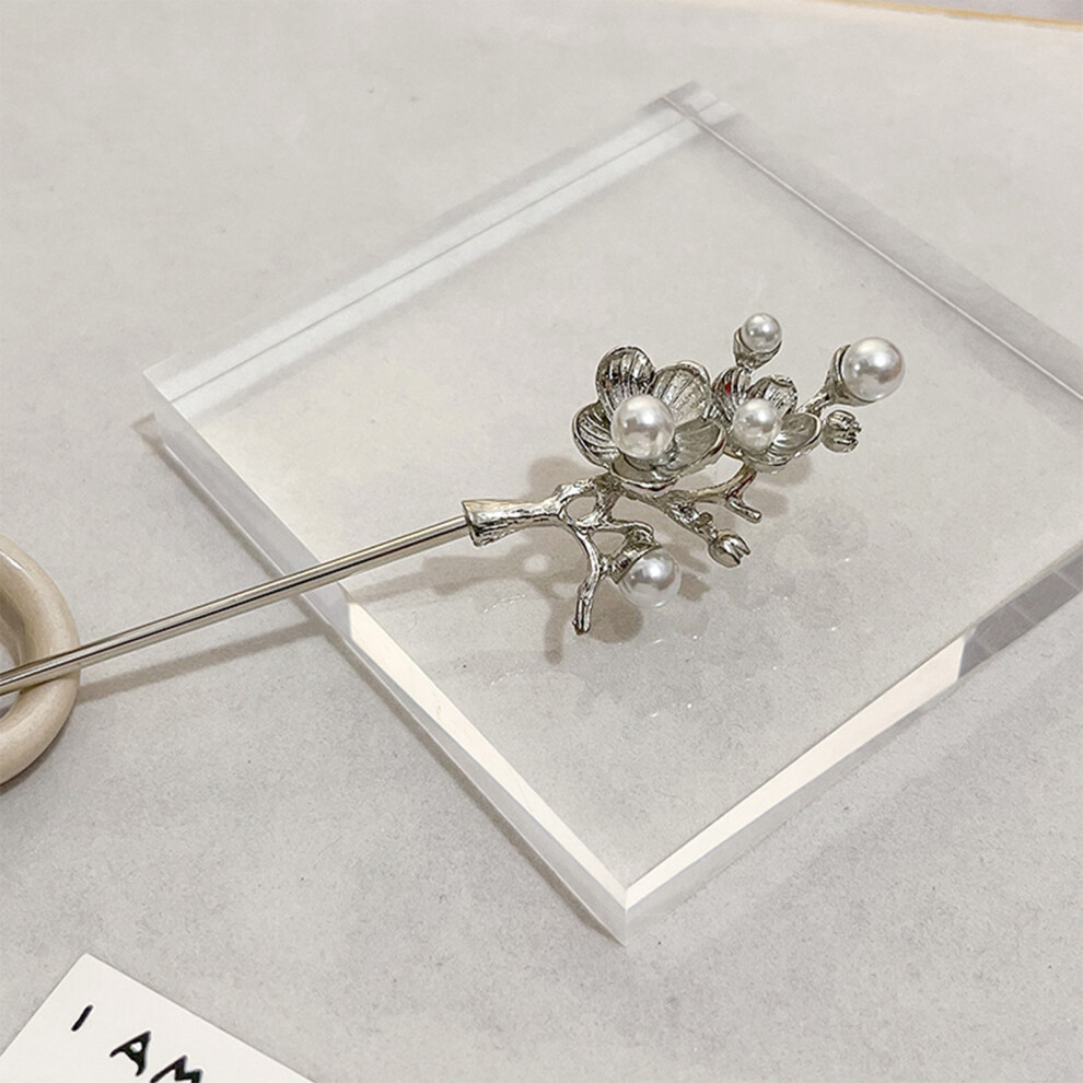 Roc-Electron (Silver, Peach) Pearl Hair Stick Floral Chopsticks Gift For Her