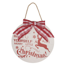 Kerstdeurbordje van hout met strik en elandletterpatroon, rond kersthangbord, decoratief binnenhangertje