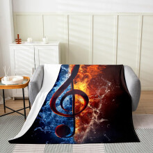 Blue Orange Burning Music Note Queen Size Fleece Blanket – Soft Flannel Comfort for Bedroom Decor