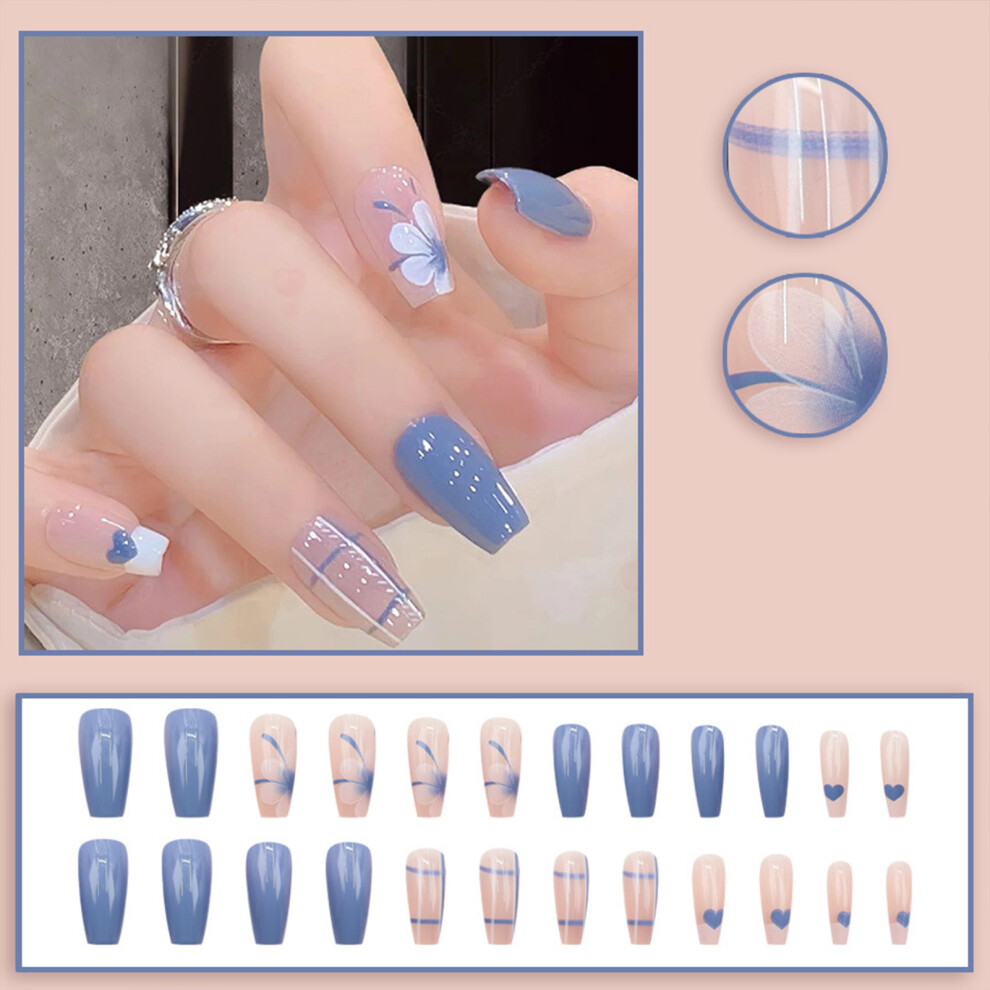 Reach-Tools Blue,Cream 24Pcs Floral False Nails - Nude & Blue Reusable