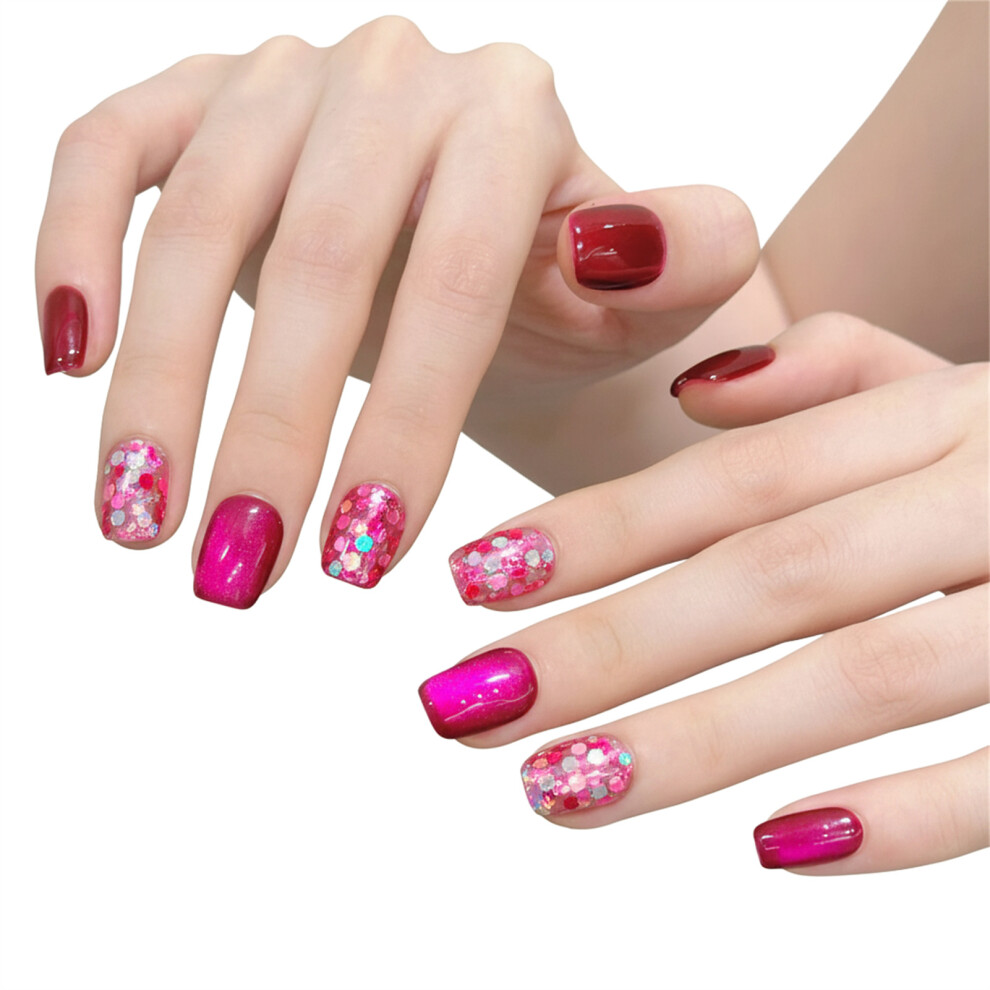 Reach-Tools (3123 Short Square, S) Glossy Rose Red Cat Eye Press-On Nails, 10Pcs