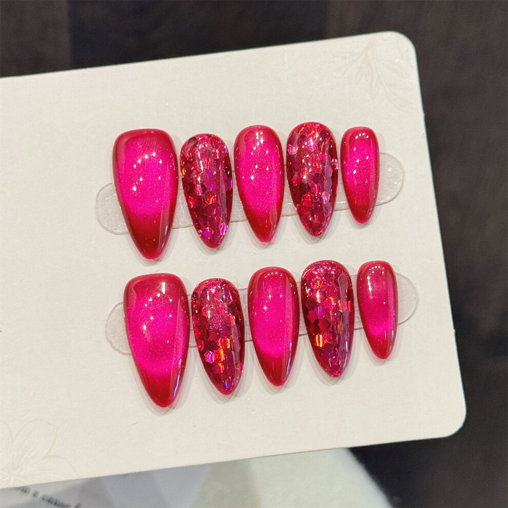Reach-Tools (564 Almond, Xs) Glossy Rose Red Cat Eye Press-On Nails, 10Pcs