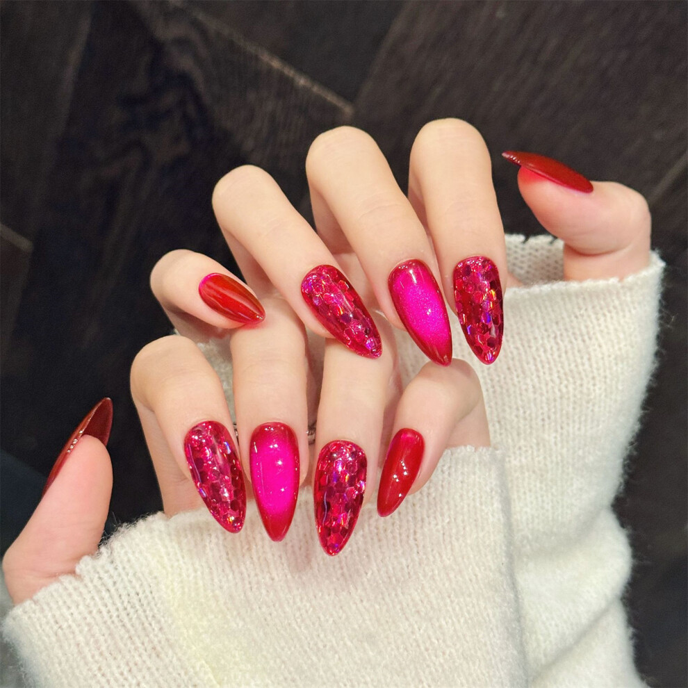 Reach-Tools (564 Almond, L) Glossy Rose Red Cat Eye Press-On Nails, 10Pcs