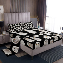 Black and White King Size Bedding Set with Halloween Ghost Pattern and Deep Pocket Fitted Sheet