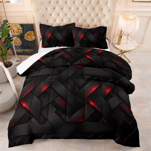 King Size Black Comforter Set 3 Piece Soft Microfiber Bedding with Pillowcases Modern Geometric Design 1