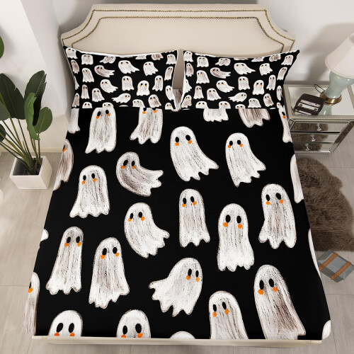 Black and White King Size Bedding Set with Halloween Ghost Pattern and Deep Pocket Fitted Sheet 1