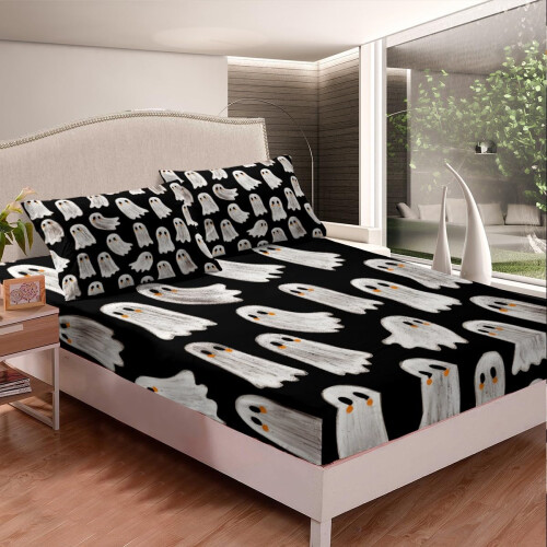Black and White King Size Bedding Set with Halloween Ghost Pattern and Deep Pocket Fitted Sheet 2