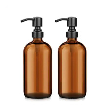 500ml Brown Glass Soap Dispenser Set with Stainless Steel Pump, Refillable Lotion Bottles Two Pack