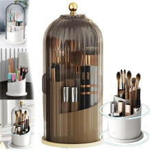 Toothbrush Holder and Makeup Brush Organizer with Sliding Lid, 360 Rotating 3 Slots Bathroom Storage