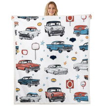 Fleece Throw Blanket 40 x 50 Inch Retro Car Design, White and Blue Travel Blanket for Sofa and Lap