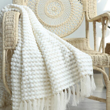 White Chunky Knit Chenille Throw Blanket 127x170 cm Soft Cozy Tassel Edge for Sofa and Home Decor