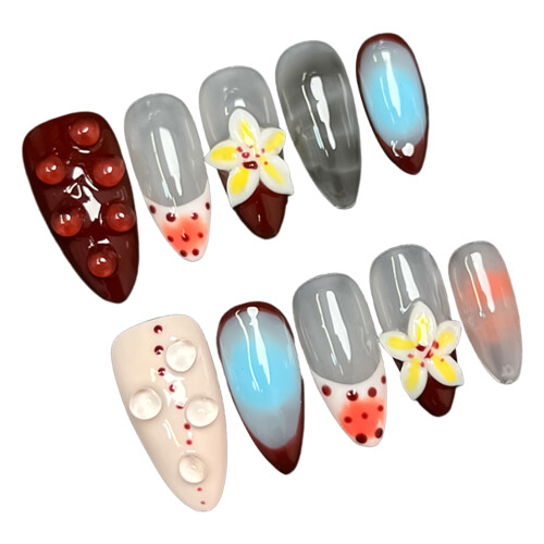 (XS) 10pcs Blue Ombre Almond False Nails 2