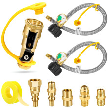 RV Propane Hose with Gauge Stainless Steel Braided 15 Inch with Quick Connect Fittings and QCC1