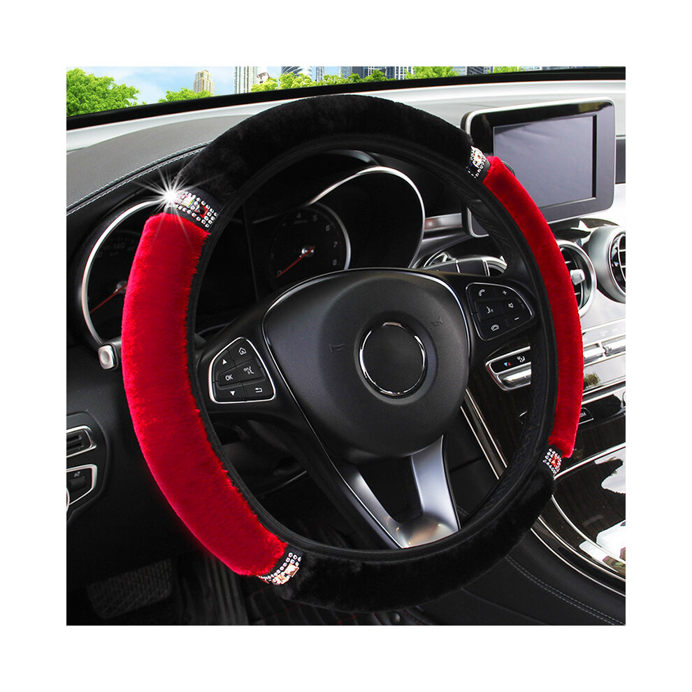 (Red) Rhinestone Plush Steering Wheel Cover, 37-38Cm Red 6447105820760