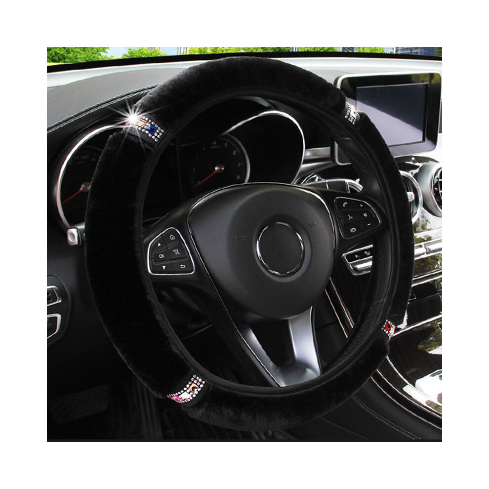 (Black) Rhinestone Plush Steering Wheel Cover, 37-38Cm Black 6447105816398