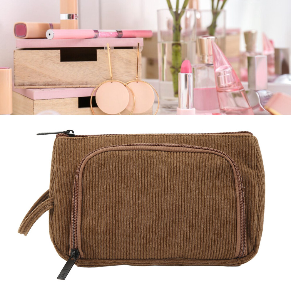 Women Girls Corduroy Cosmetic Bag Large Capacity Handheld Makeup Pouch Brown