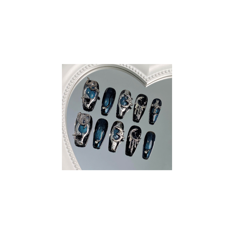 Dcph-Clothing (M) Glossy Blue Cat Eye Fake Nails - Lightweight & Easy Stick