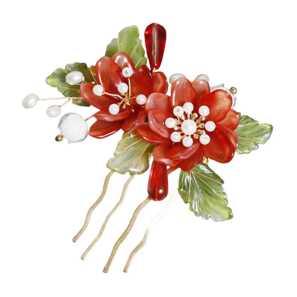 Roc-Electron Red (Peony ) Chinese Floral Bridal Hair Comb Barrette - 50 Char