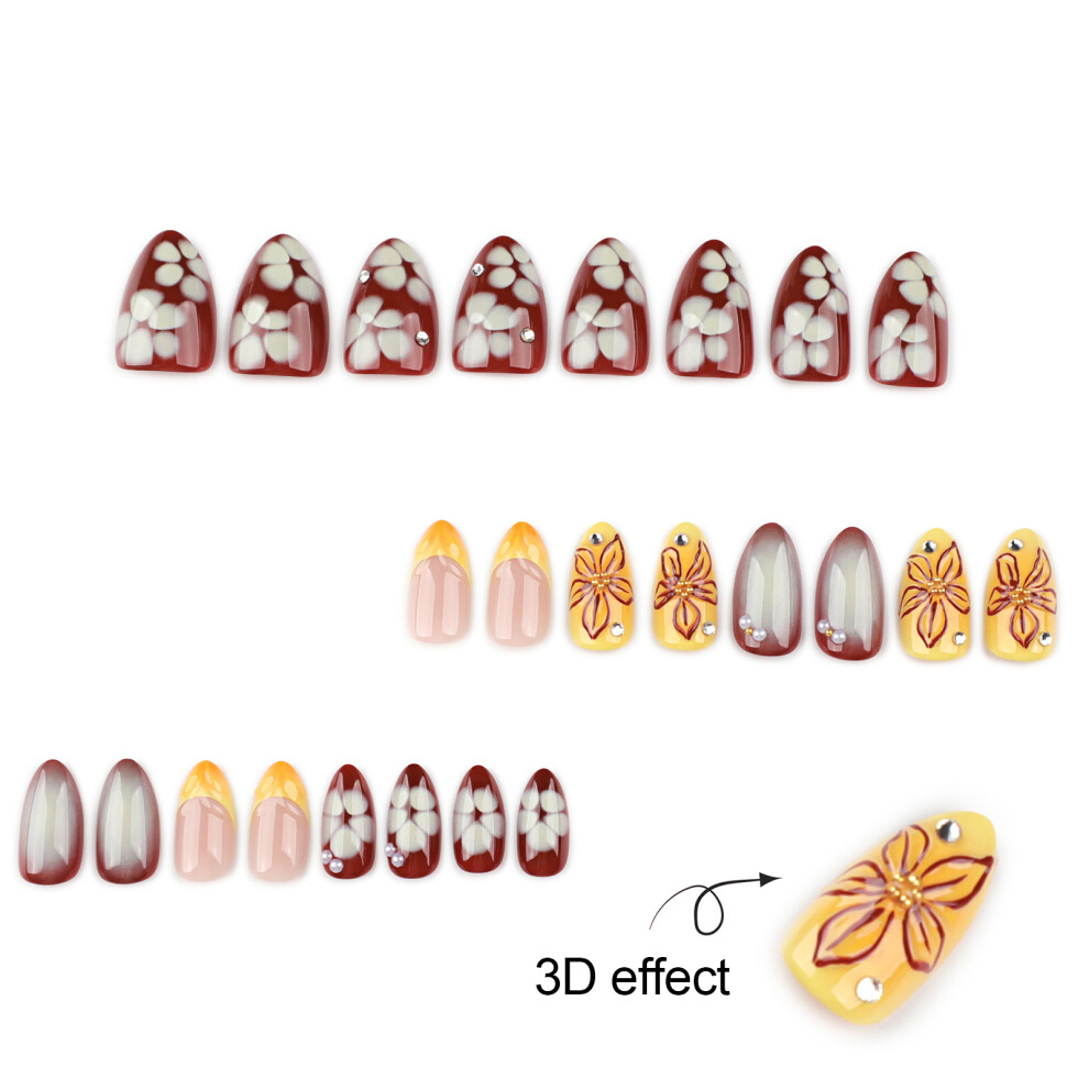 Roc-Electron 3D Floral Almond False Nails With Pearls, 24Pcs