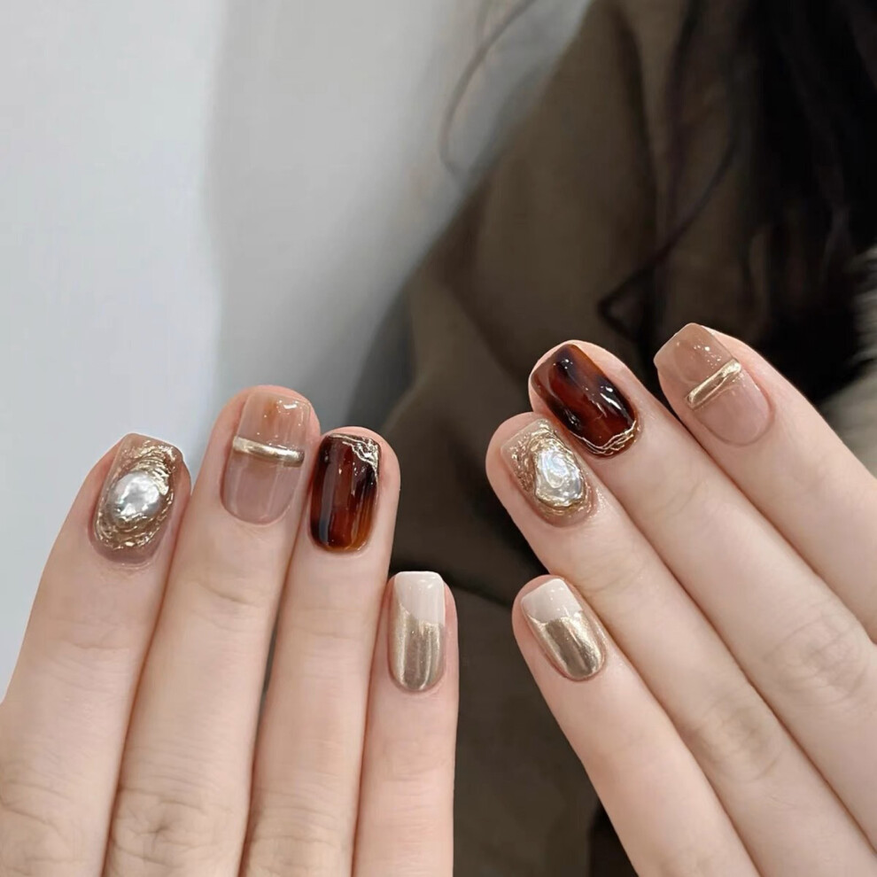 Bright-Home (Xs) Amber Smudging Short False Nails Charming Comfortable To Wear Manicure Nails For Professional Nail Art Salon Supply