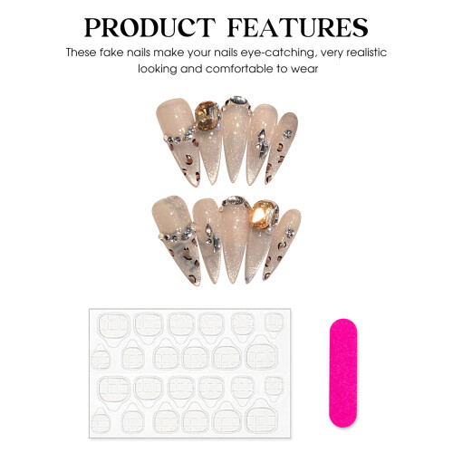 (2104 Long Teardrop, M) 10Pcs French Leopard False Nails 1