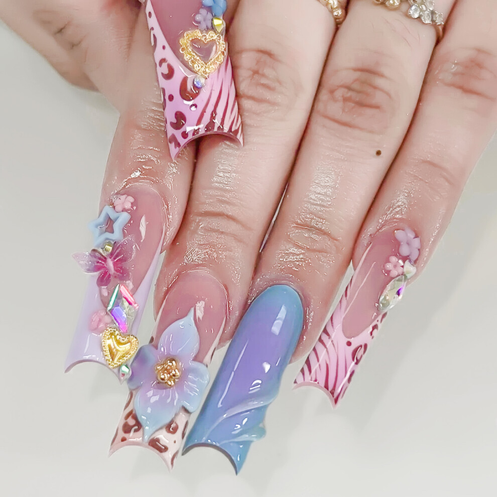Bright-Home Pink Blue Long False Nails With French Tip Easy Effortless Application To Nails For Girlfriend Wife Women And Girl