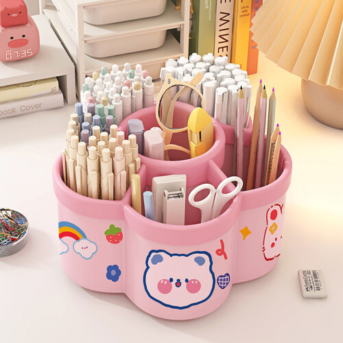 (Pink) Rotating Pen Holder for School & Office