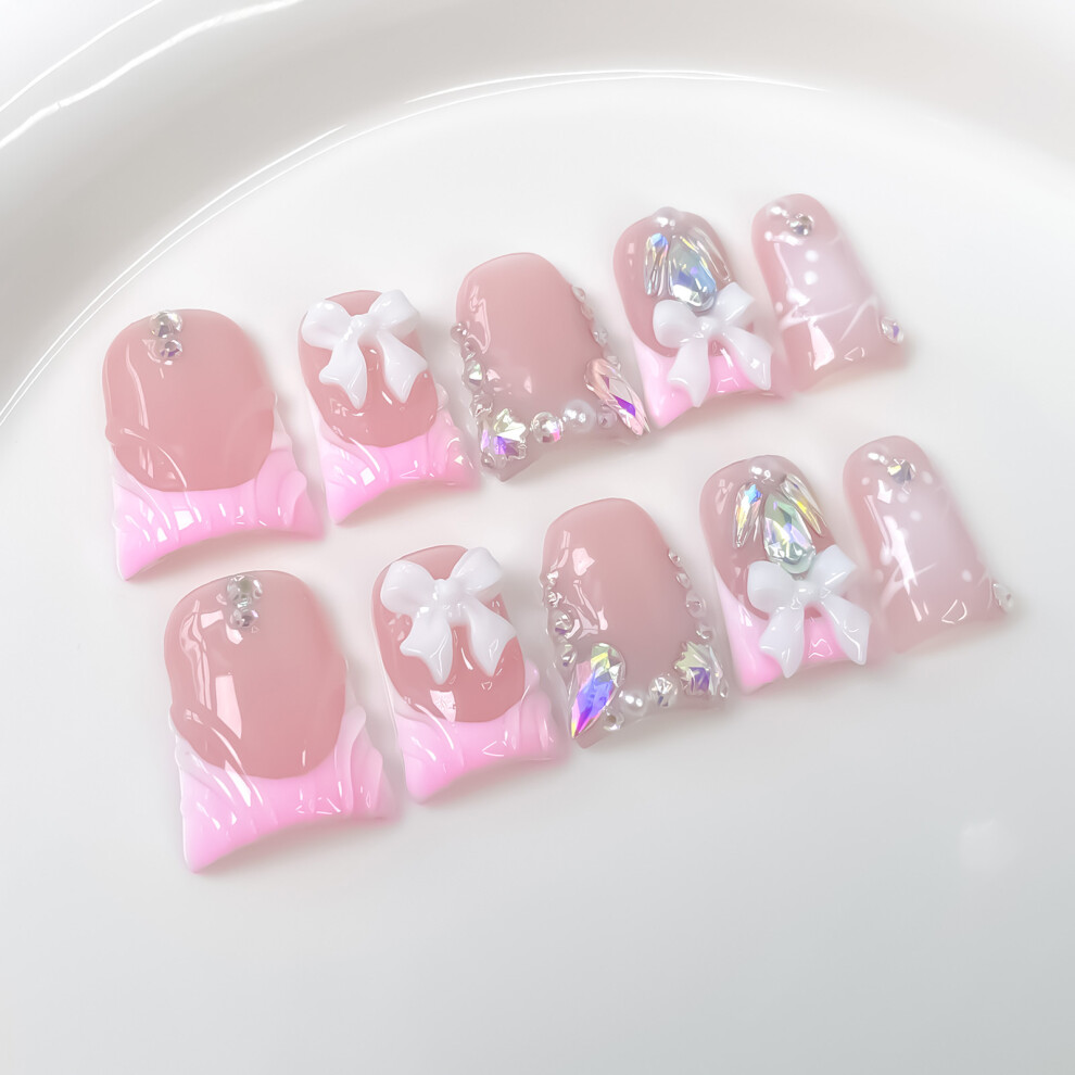 Bright-Home (S) 10Pcs Nude Duck Fake Nails With Pink Tip With Natural And Smooth Edge Nails For Shopping Traveling Dating