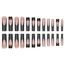 24pcs French False Nails with Bow, Black Edge, UV Glossy