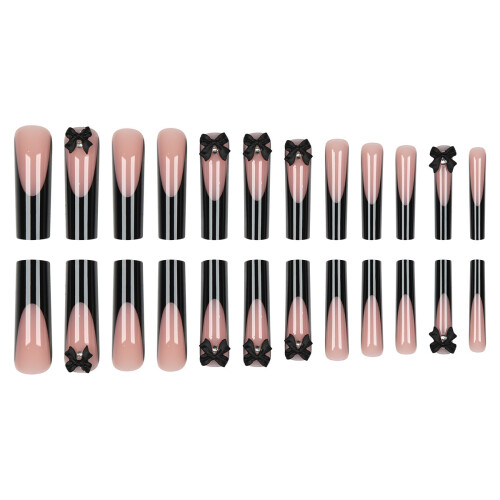24pcs French False Nails with Bow, Black Edge, UV Glossy